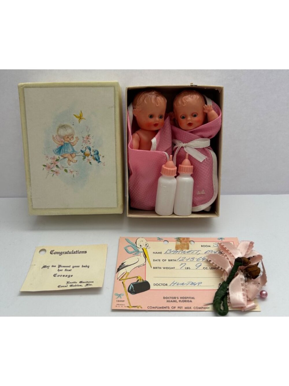 Vintage Blue Box Twin Baby Dolls Set Bottles Pink Blankets Corsage & Birth Card